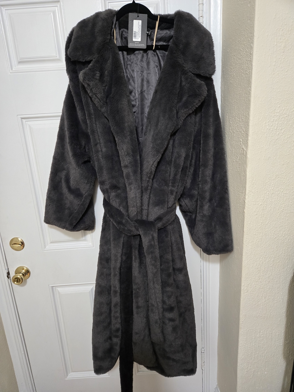 PrettyLittleThing Dark Gray Faux Fur Long Coat with Belt